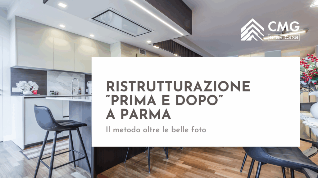 Cucina di design in un open space a Parma, immagine di copertina per l'articolo sulla ristrutturazione "prima e dopo" che illustra il Metodo CMG Crea Casa.