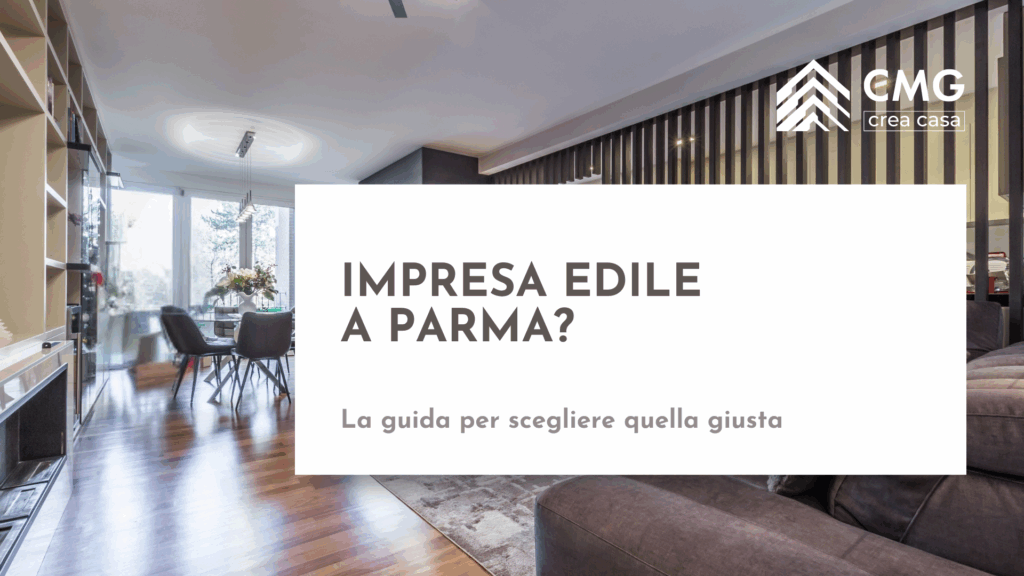 Immagine con testo "Impresa Edile Parma: la guida per scegliere quella giusta", su sfondo di un salotto di design.