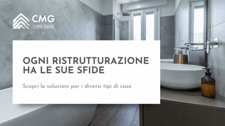 Bagno moderno di design con il logo CMG crea casa e il testo 'Ogni ristrutturazione ha le sue sfide', a rappresentare la competenza per diversi tipi di case a Parma.
