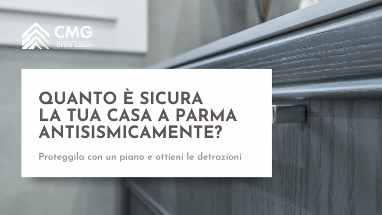 Interno di una casa moderna a Parma con logo CMG e testo "LA TUA CASA A PARMA È SICURA?