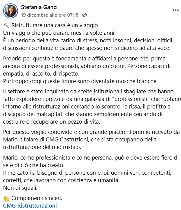 Screenshot della testimonianza Facebook di Stefania Ganci che elogia la trasparenza, l'umanità e la competenza di Mario Conte di CMG Crea Casa in occasione del premio ricevuto.